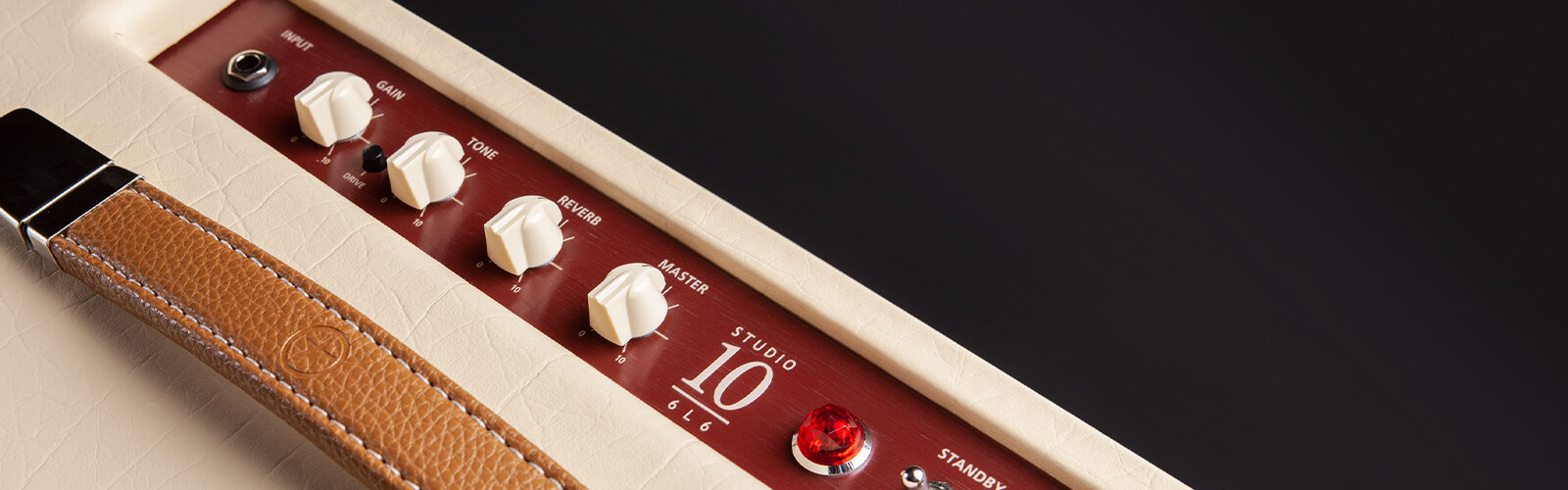 Close up view of Studio 10 6L6 guitar amp control panel