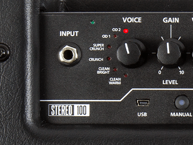 closeup view of ID:Core guitar amp's control panel
