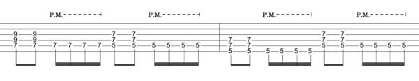power chord riff that alternates between eighth note power chords and sixteenth note palm muted lines