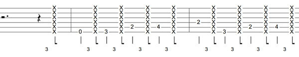 fretted note on the beat and an upwards muted rake on the “a” of the triplet