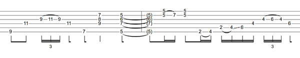 C#m, B and A, all played as triads with the thumb playing the low E string